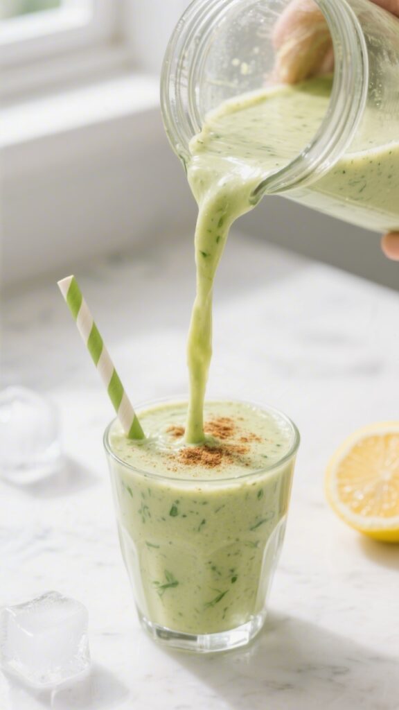 Close-up detail: A freshly blended avocado-banana smoothie being poured from a glass blender jar int