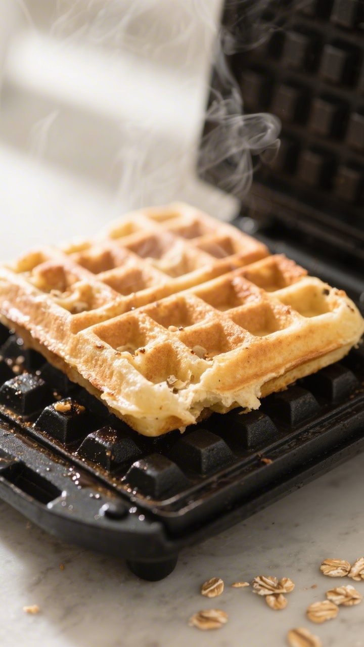 Close-up detail: A freshly cooked banana oat waffle just lifted from a waffle iron, steam gently ris