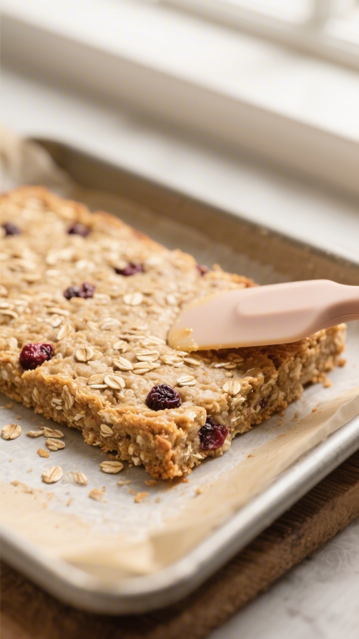 Close-up detail: A just-baked slab of soft toddler oatmeal bars cooling on parchment with visible ov