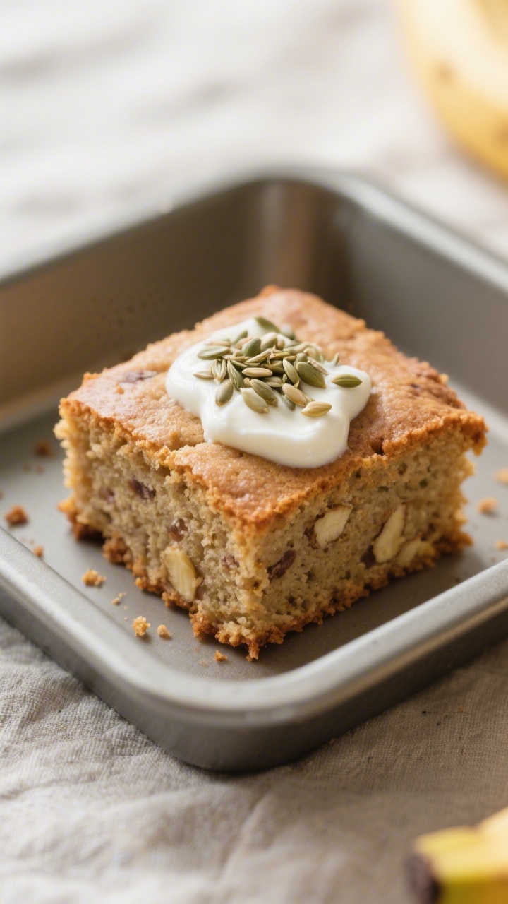 Close-up detail: A just-baked square of toddler-friendly banana snack cake cut from an 8x8 pan, crum