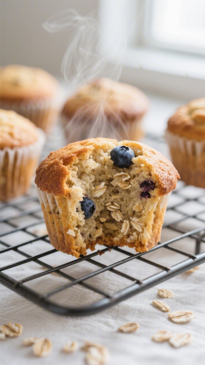 Close-up detail: A mini banana oatmeal muffin just out of the oven, torn in half to reveal the soft,