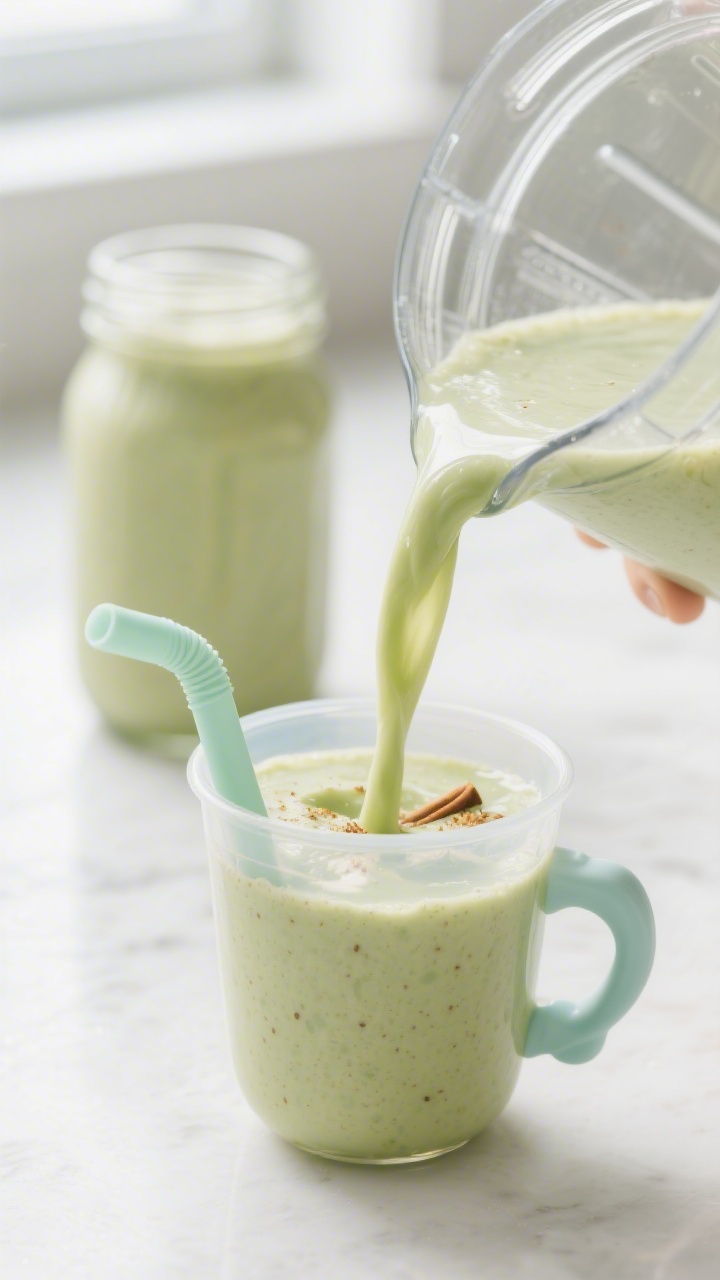 Close-up detail: A silky, pale-green avocado toddler smoothie being poured from a blender into a sma