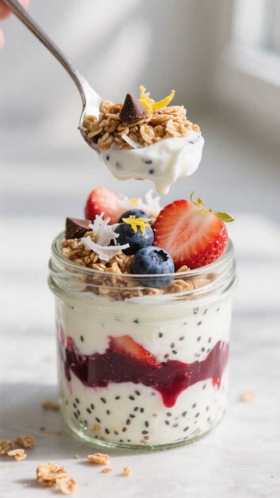 Close-up detail: A spoonful lift of layered coconut yogurt berry parfait from a clear glass jar, sho
