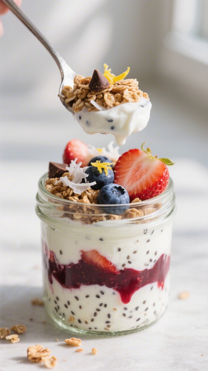 Close-up detail: A spoonful lift of layered coconut yogurt berry parfait from a clear glass jar, sho