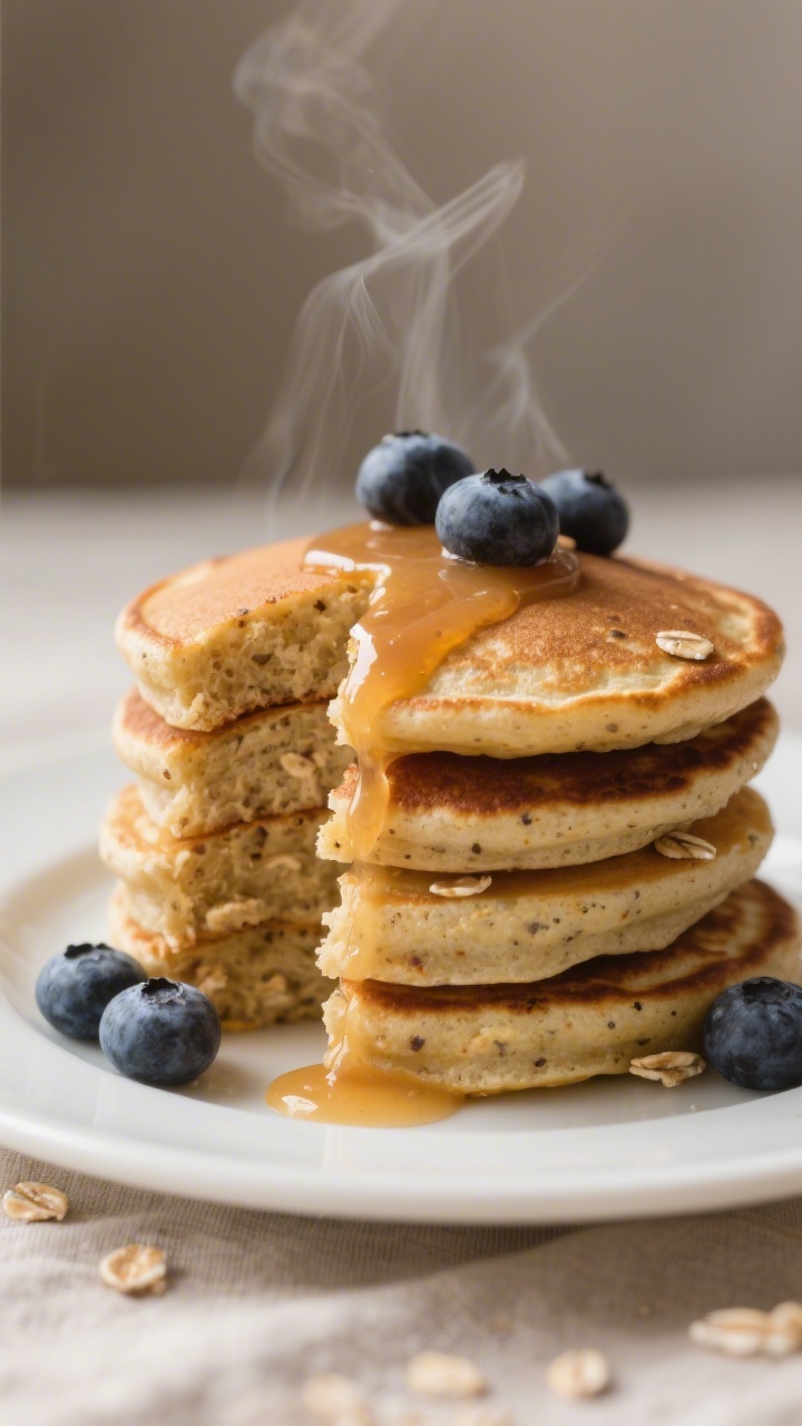 Close-up detail: A stack of silver-dollar banana oat pancakes, toddler-sized, with a fluffy, moist c