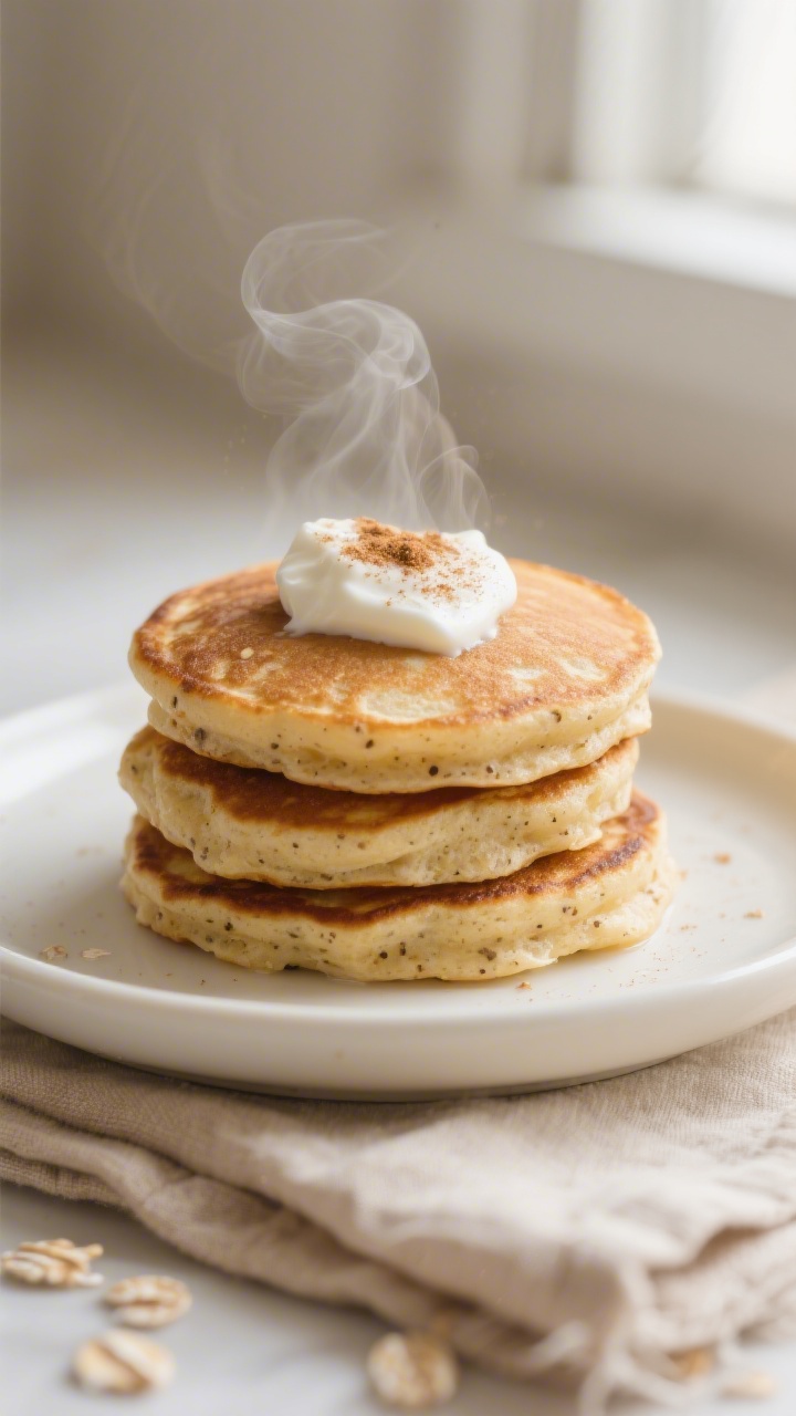 Close-up detail: A stack of small, cooked banana oat pancakes (2–3 inch “silver dollar” size) 