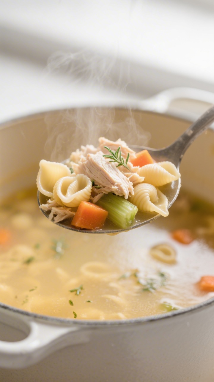 Close-up detail: A steaming ladle of cozy toddler chicken noodle soup lifted from a pot, showing sof
