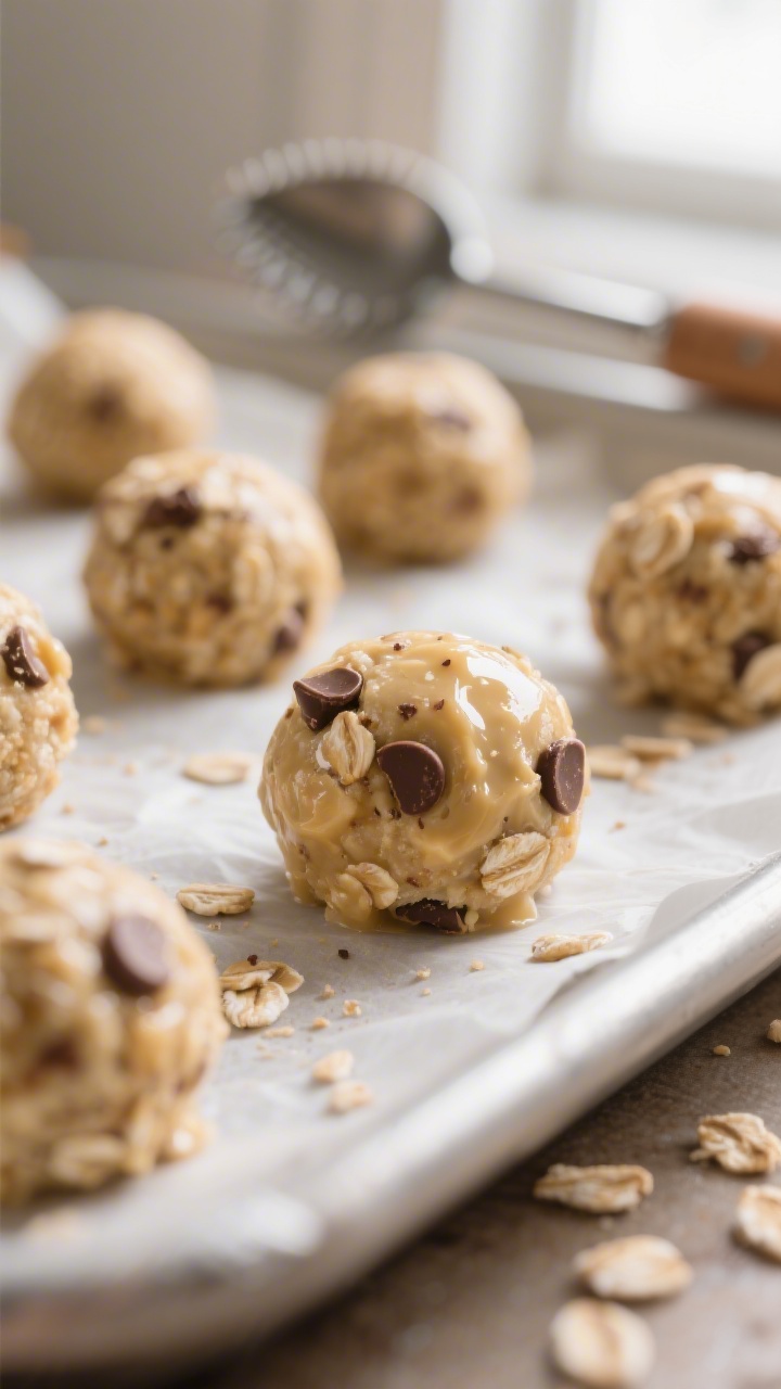 Close-up detail: A tight macro shot of freshly rolled sunflower butter oat balls resting on a parchm