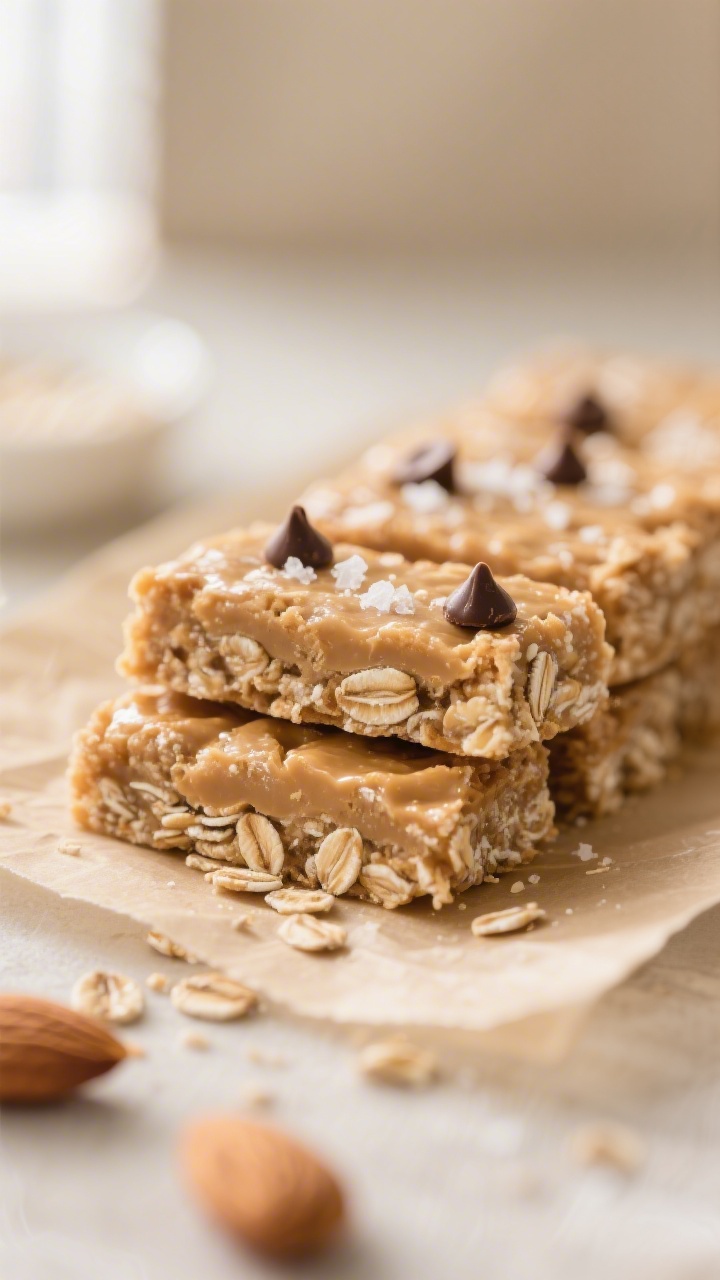 Close-up detail: A tight macro shot of freshly sliced almond butter oat bars on parchment, showing t