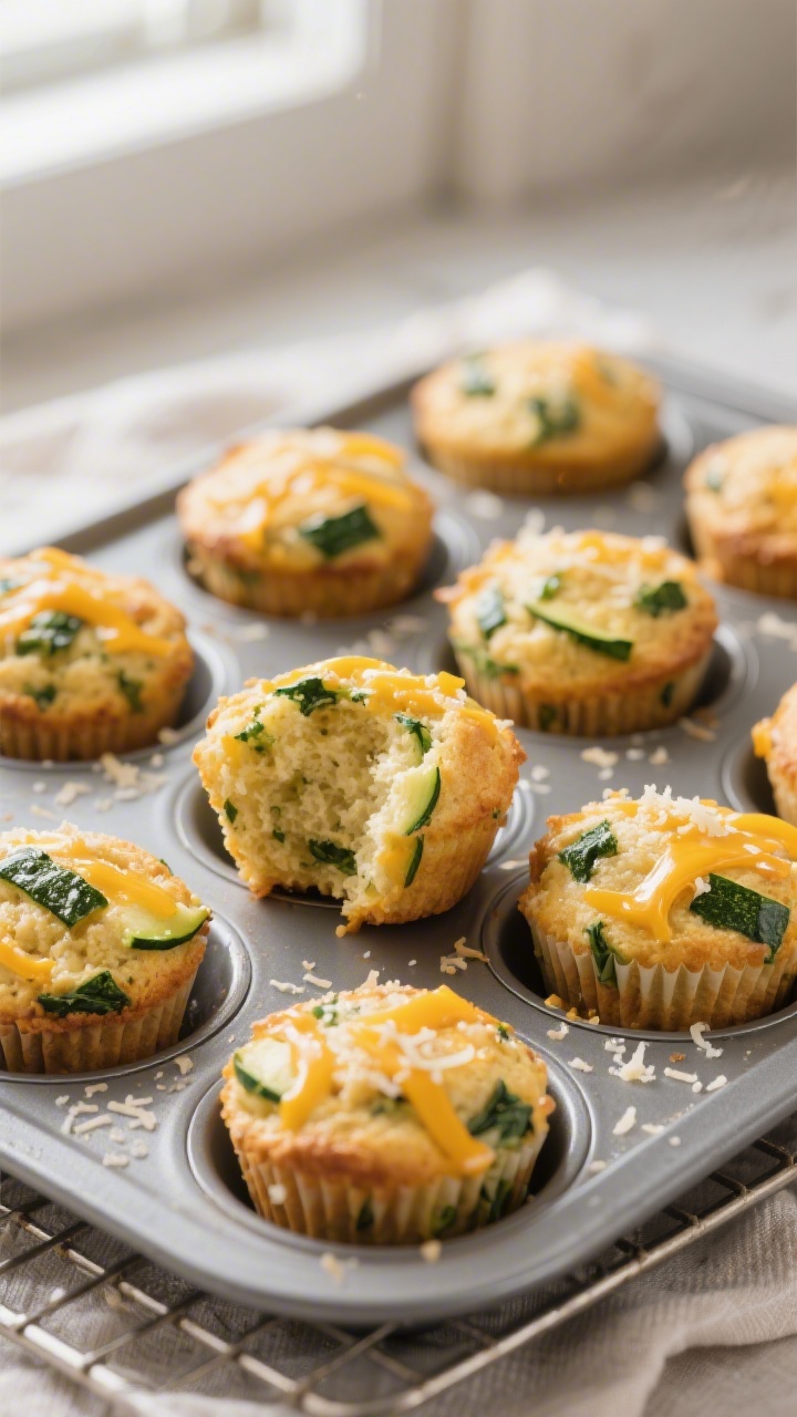 Close-up detail: A tray of freshly baked mini Cheesy Spinach Zucchini Muffins just out of the oven,