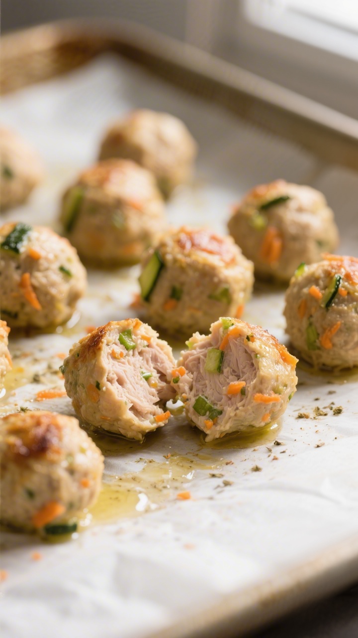 Close-up detail: Bite-size turkey-and-zucchini meatballs just out of the oven, pale-golden and glist