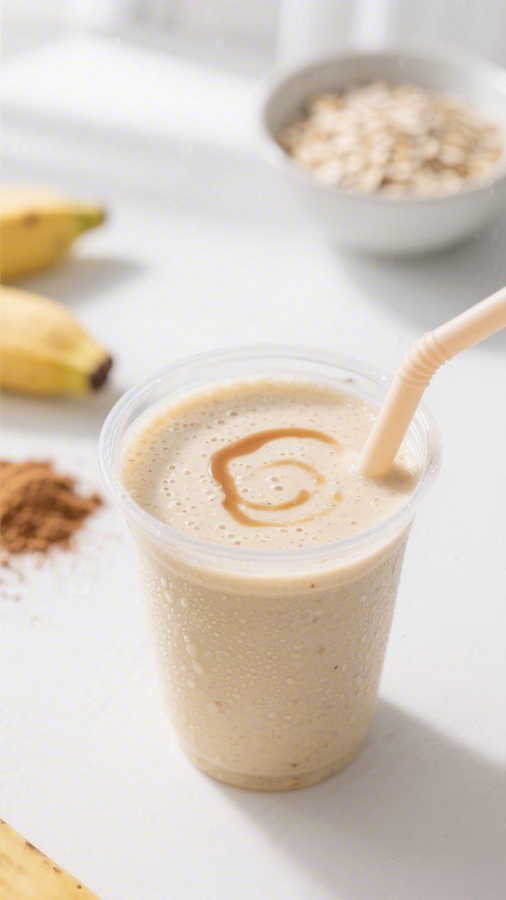 Close-up detail: Creamy banana toddler smoothie just blended, poured into a small clear sippy cup wi