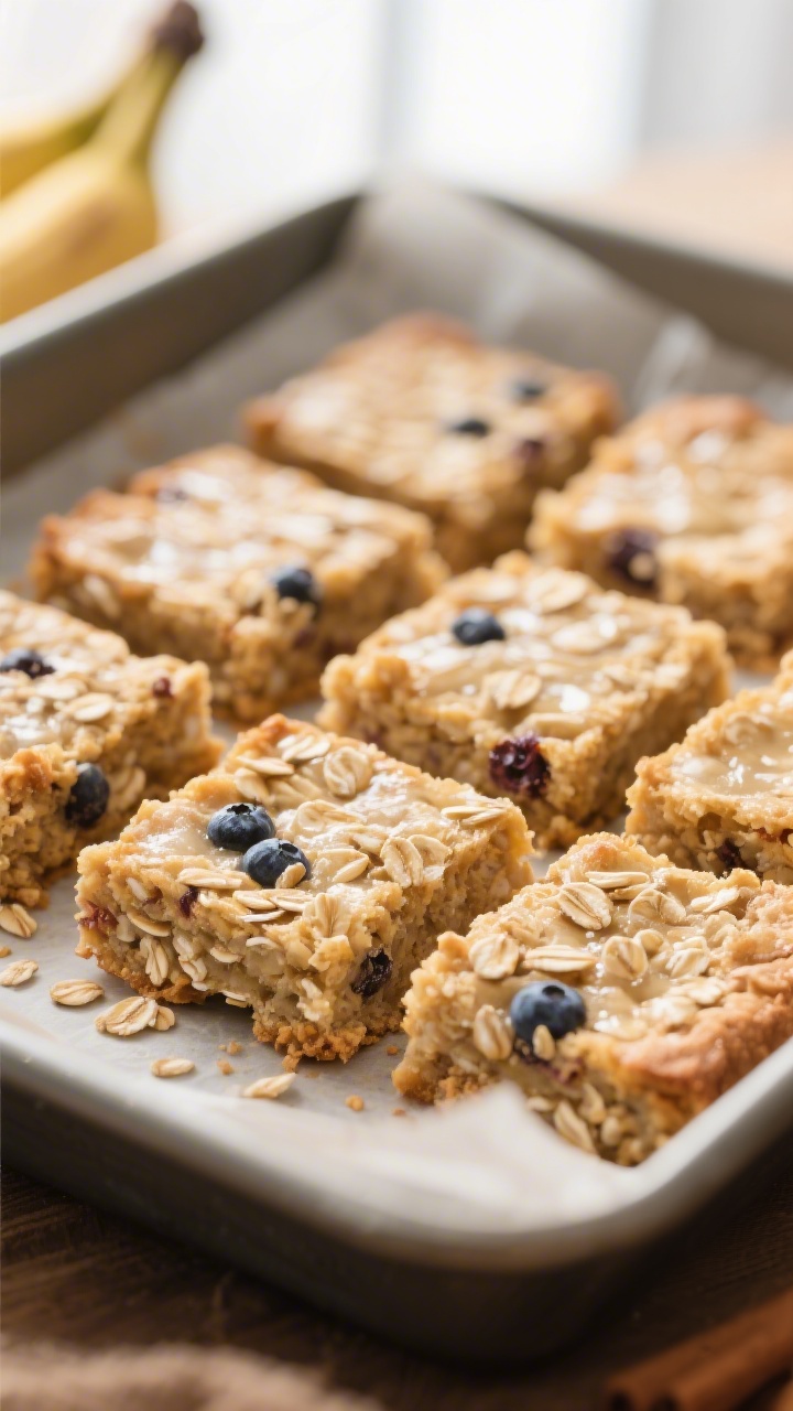 Close-up detail: Freshly baked banana oatmeal bars just lifted from an 8x8 pan, edges lightly golden