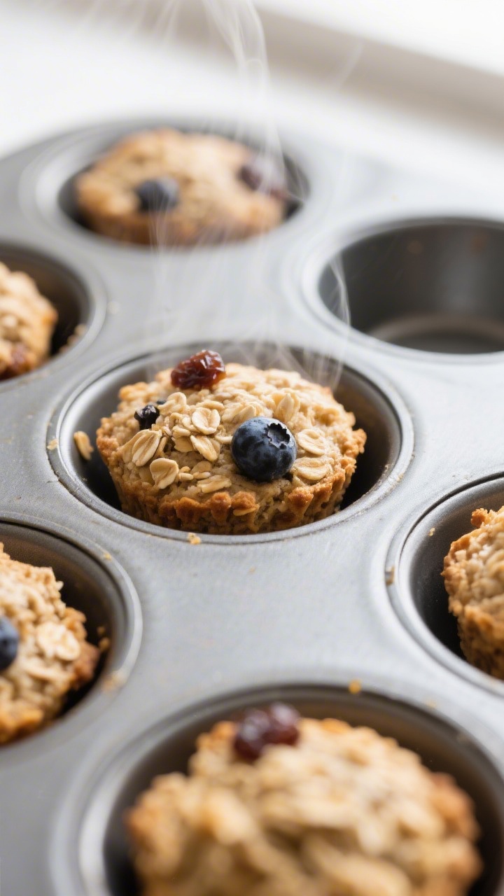 Close-up detail: Freshly baked mini oatmeal bites still in a greased mini muffin pan, edges lightly