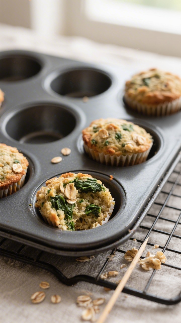 Close-up detail: Freshly baked mini spinach-banana oatmeal muffins just out of the oven, still in a 