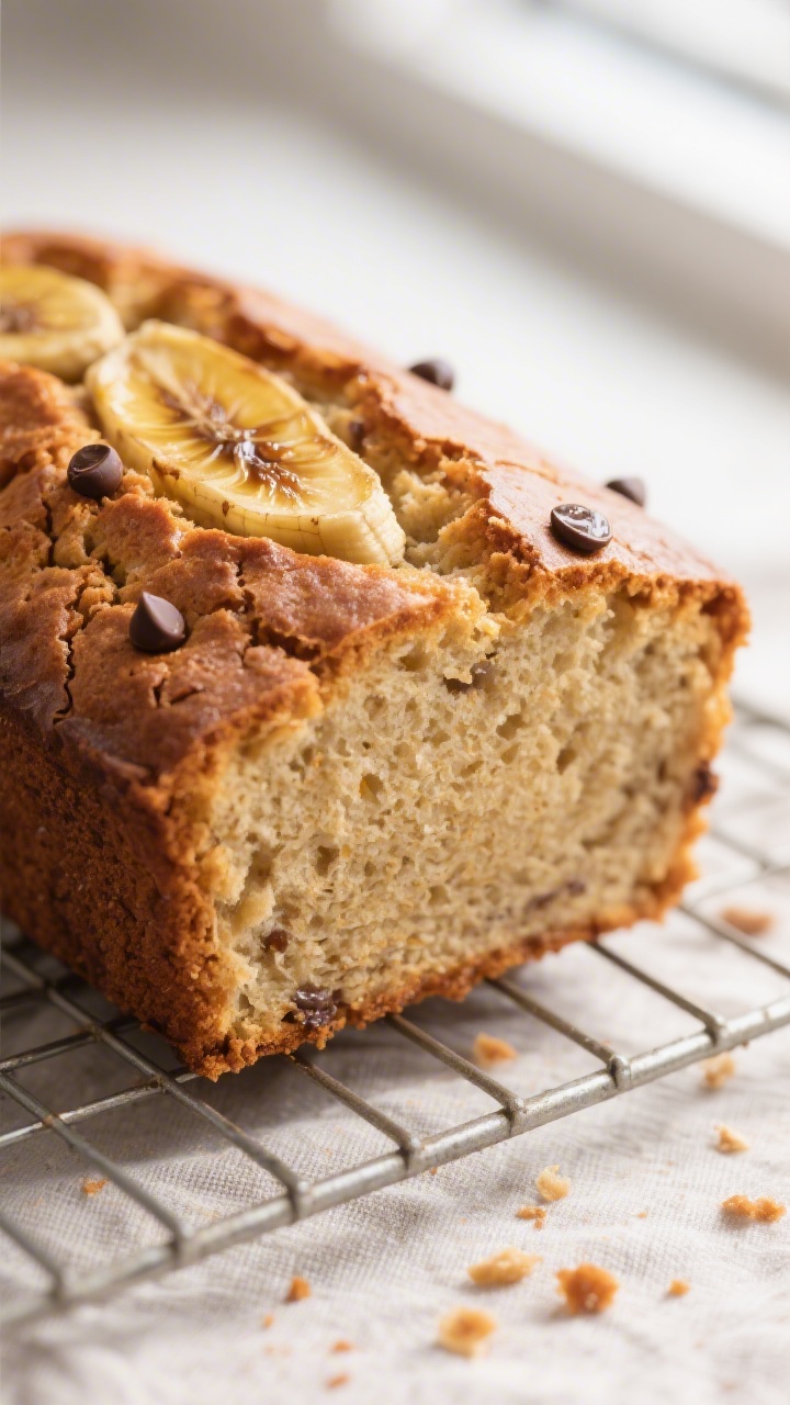 Close-up detail: Freshly baked toddler banana bread loaf cooling on a wire rack, golden-brown crackl