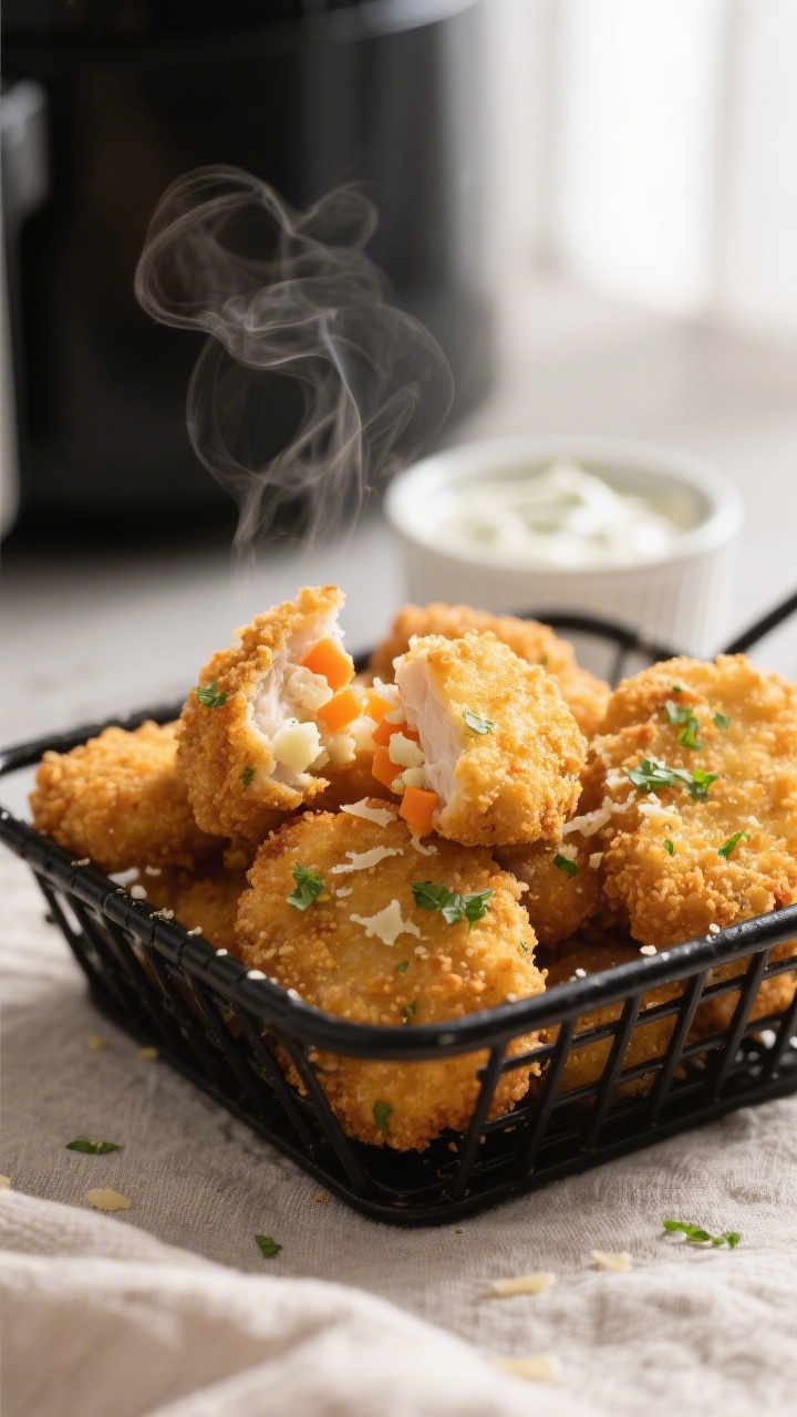 Close-up detail: Golden, air-fried toddler chicken nuggets just out of the basket at 375°F, lightly