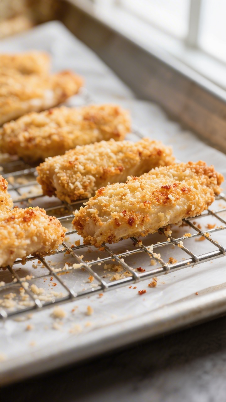 Close-up detail: Golden baked chicken tenders just out of the oven on a wire rack over a parchment-l