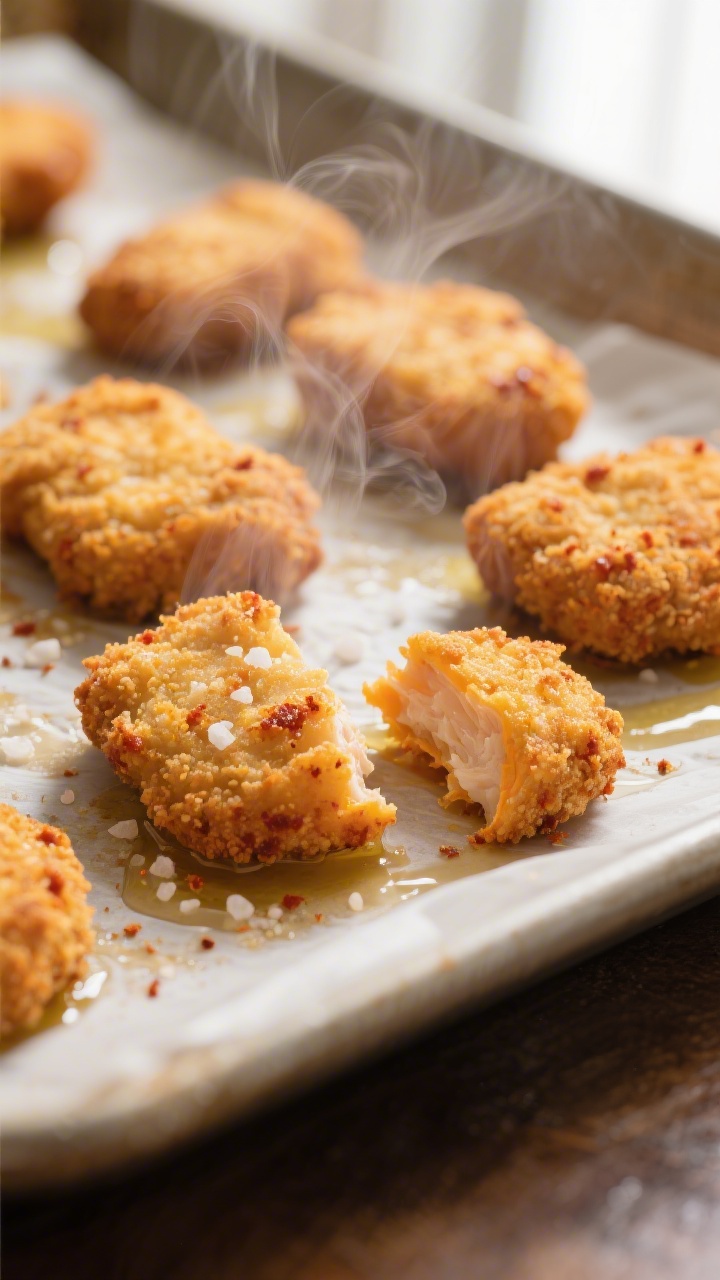 Close-up detail: Golden baked sweet potato chicken nuggets just out of the oven, flipped halfway so