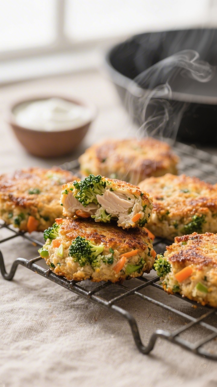 Close-up detail: Golden-brown chicken broccoli cakes just off the skillet, showing moist, tender int