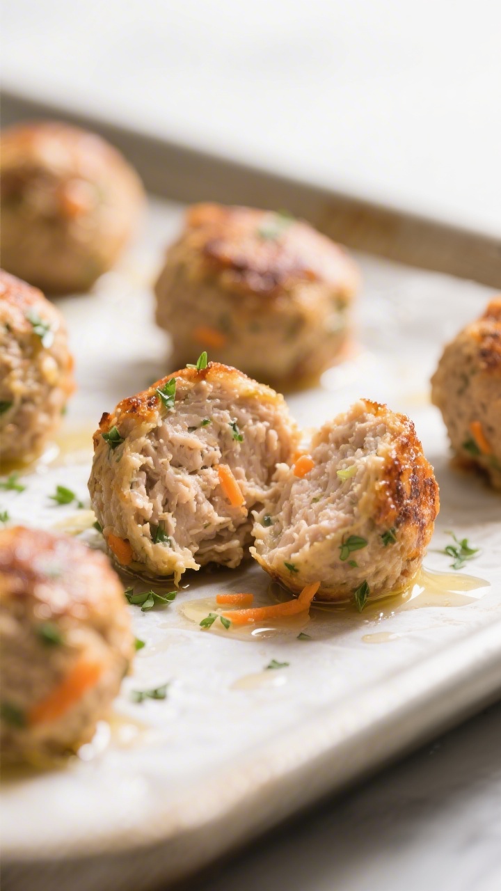 Close-up detail: Juicy baked chicken meatballs just out of the oven, lightly golden with a subtle br