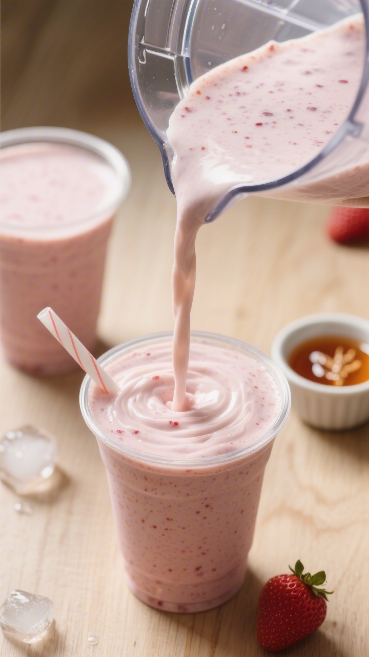 Close-up detail of the smoothie being poured from a blender into a spill-proof straw cup, capturing 
