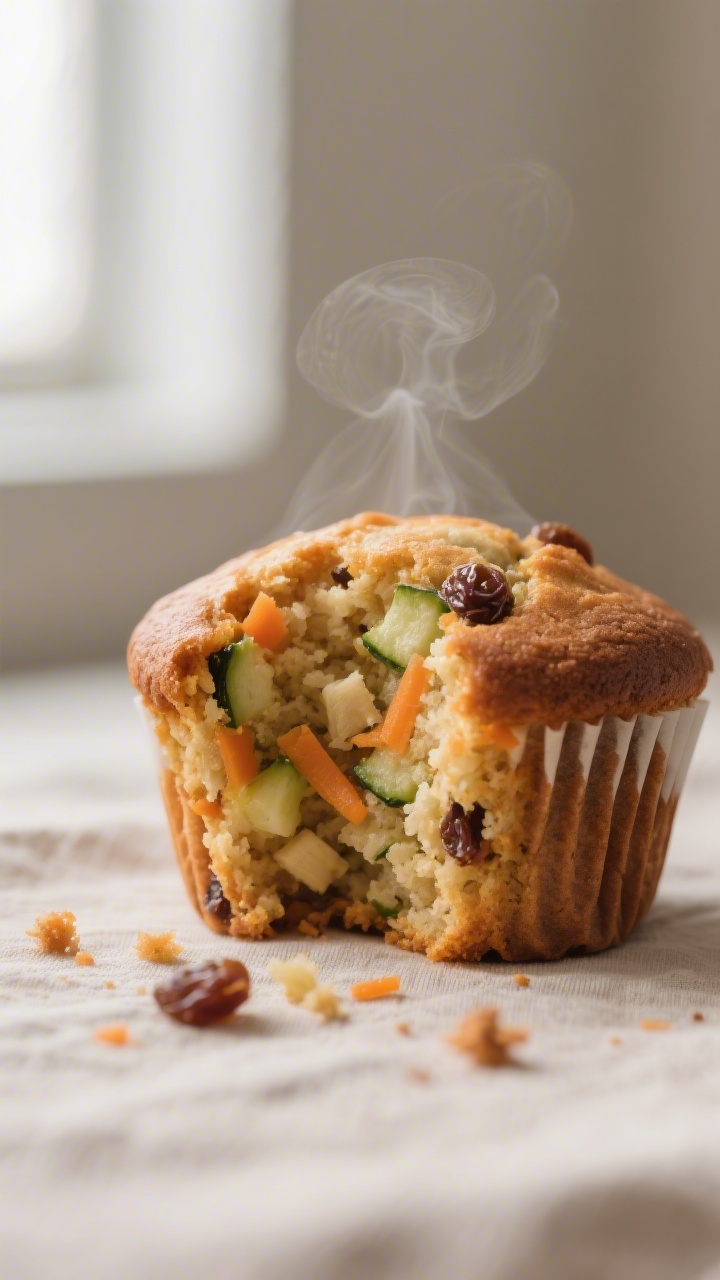 Close-up detail shot: A freshly baked toddler veggie muffin torn open to reveal the soft, moist crum