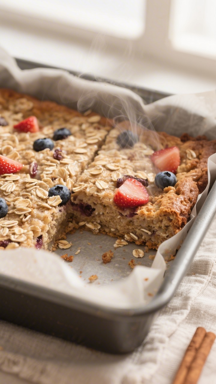 Close-up detail shot: A just-baked oatmeal square sliced in the pan, edges set and center tender, wi