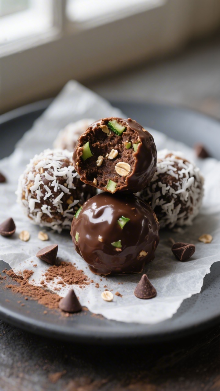 Close-up detail shot: A small stack of glossy chocolate zucchini energy balls on parchment, one ball