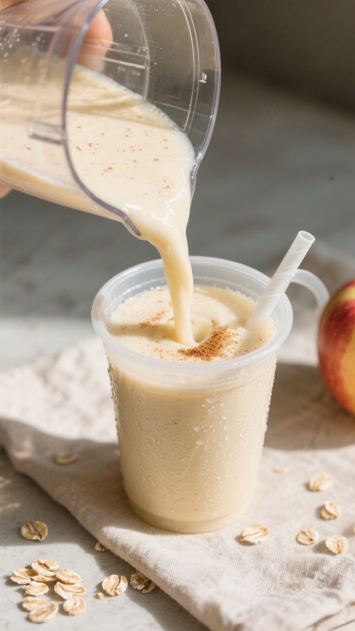 Close-up detail shot of a creamy apple-banana toddler smoothie being poured from a blender into a sm