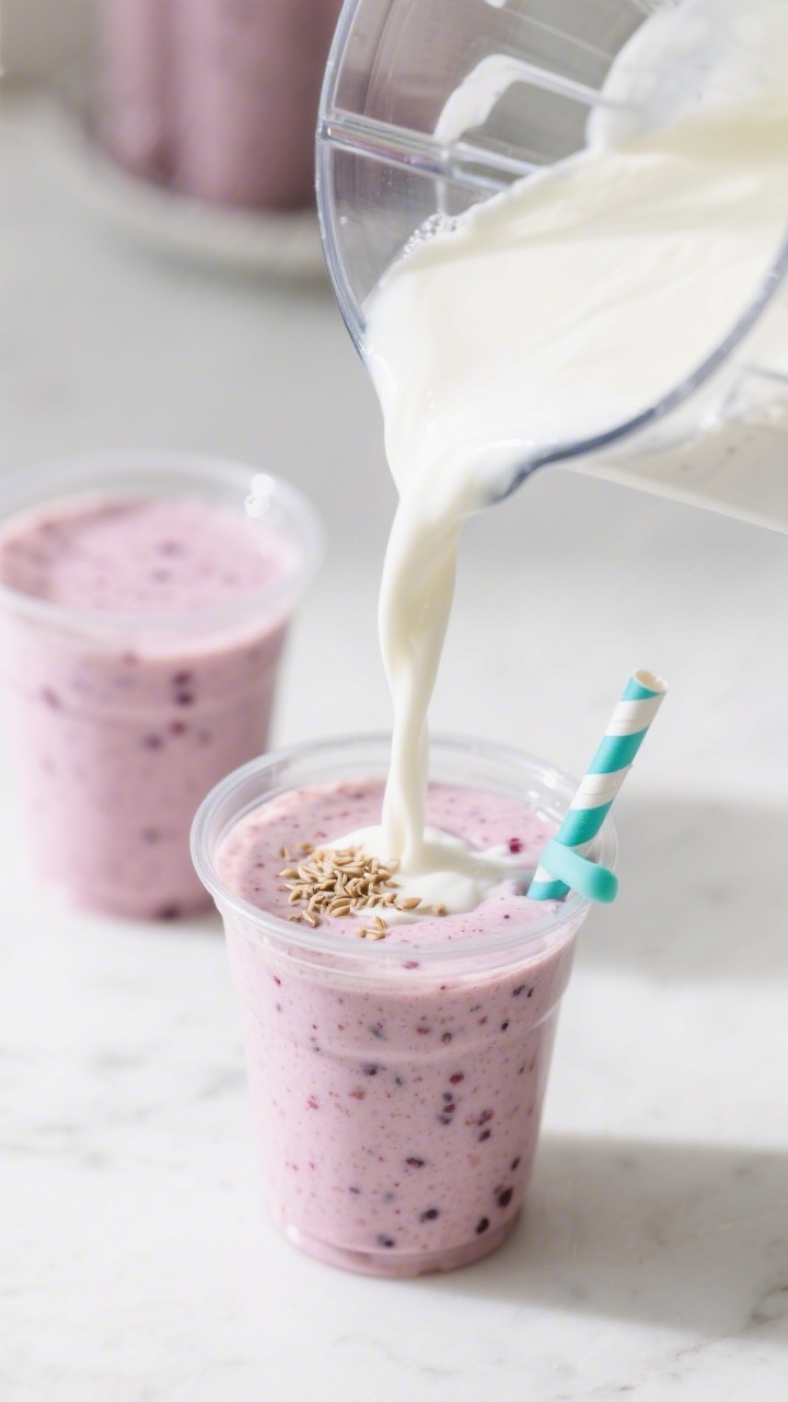 Close-up detail shot of a freshly blended Greek Yogurt Berry Smoothie being poured in a slow ribbon