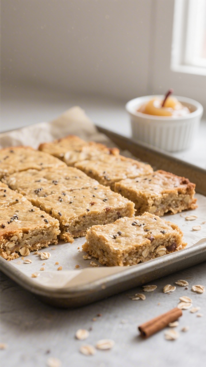 Close-up detail shot of freshly baked banana oat breakfast bars just lifted from the pan on parchmen