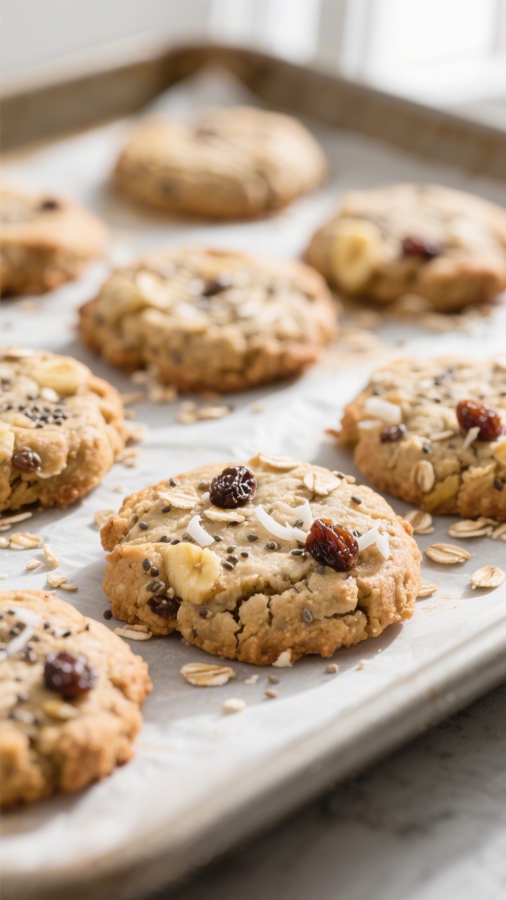 Close-up detail shot of freshly baked Healthy Banana Breakfast Cookies just out of the oven on a par