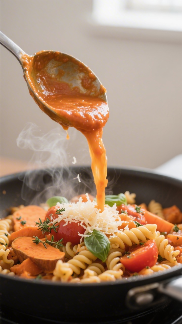 Close-up detail: Silky hidden veggie pasta sauce being poured from a ladle onto hot fusilli in a sau