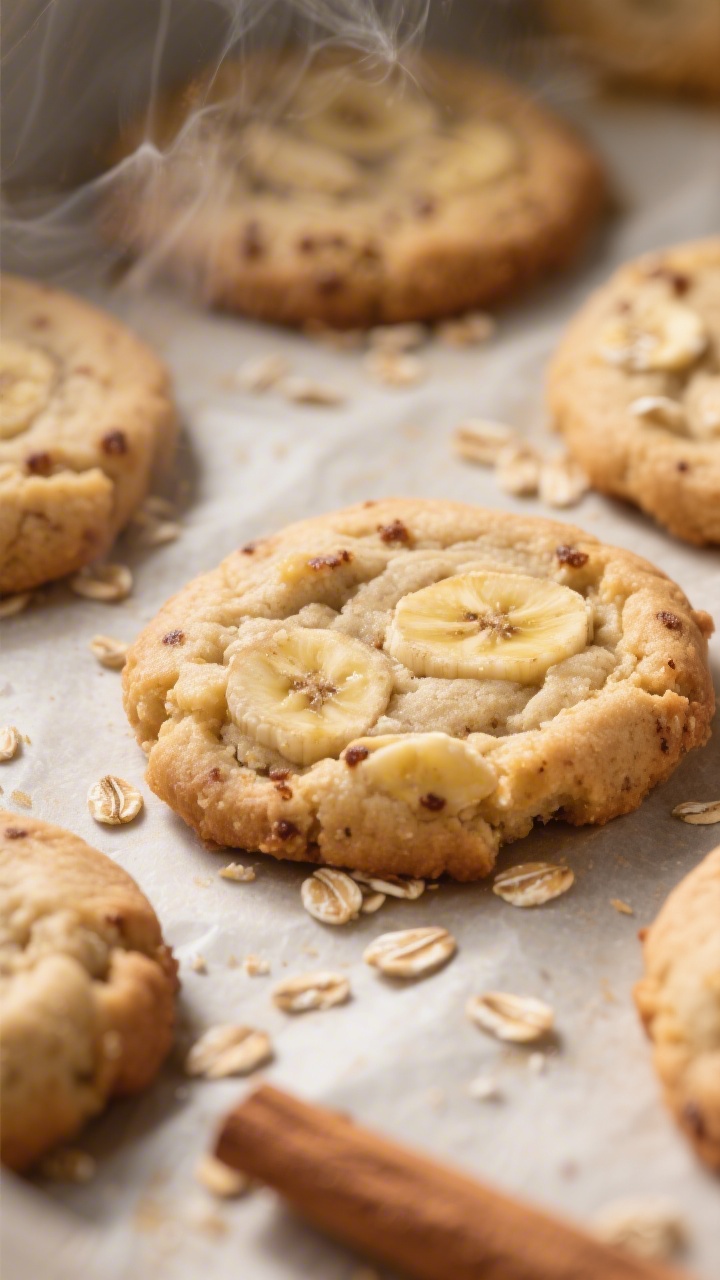 Close-up detail: Soft banana oat cookies just out of the oven on parchment, edges set and tops matte
