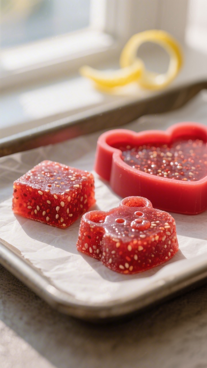 Close-up detail: Soft, glossy strawberry chia gummies just unmolded from silicone bear and heart mol