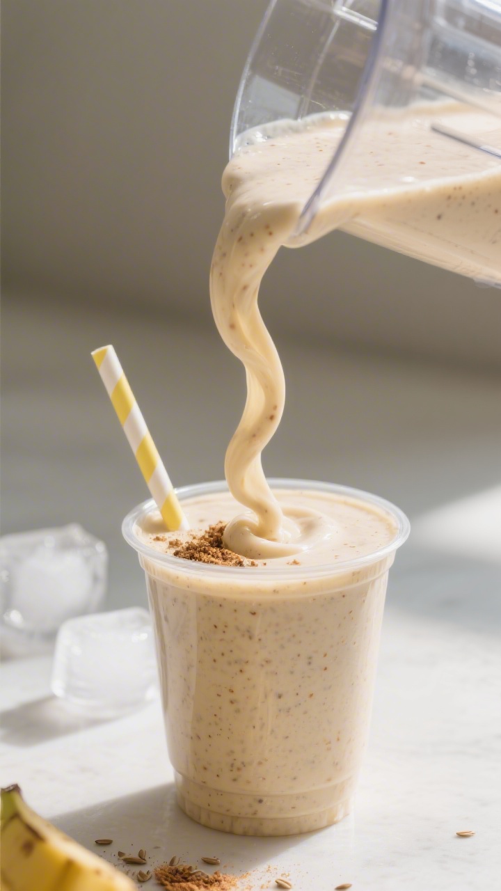 Close-up detail: Thick, creamy banana protein smoothie being poured from a blender into a small todd
