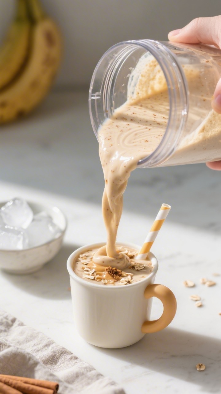 Close-up detail: Thick, creamy banana toddler weight-gain smoothie mid-blend being poured from a gla