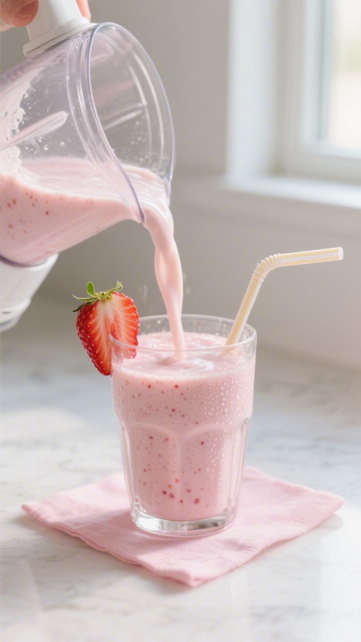 Close-up detail: Thick, creamy strawberry kids smoothie being poured from a blender into a small cle