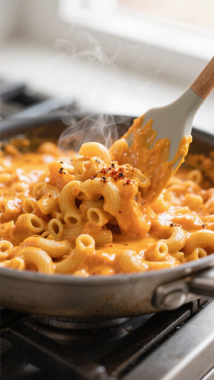 Close-up detail: Ultra-creamy sweet potato mac and cheese being folded together in a saucepan with a