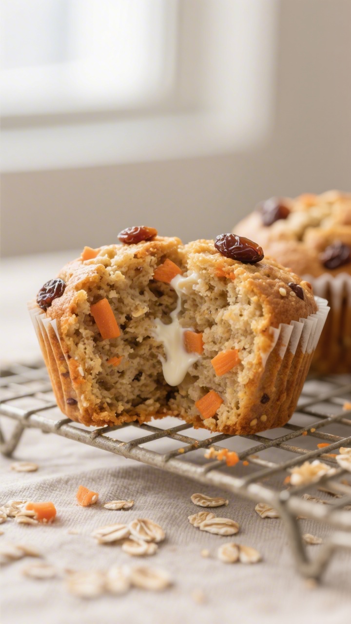 Close-up detail: Warm banana carrot muffins just out of the oven, split open to reveal a moist, tend