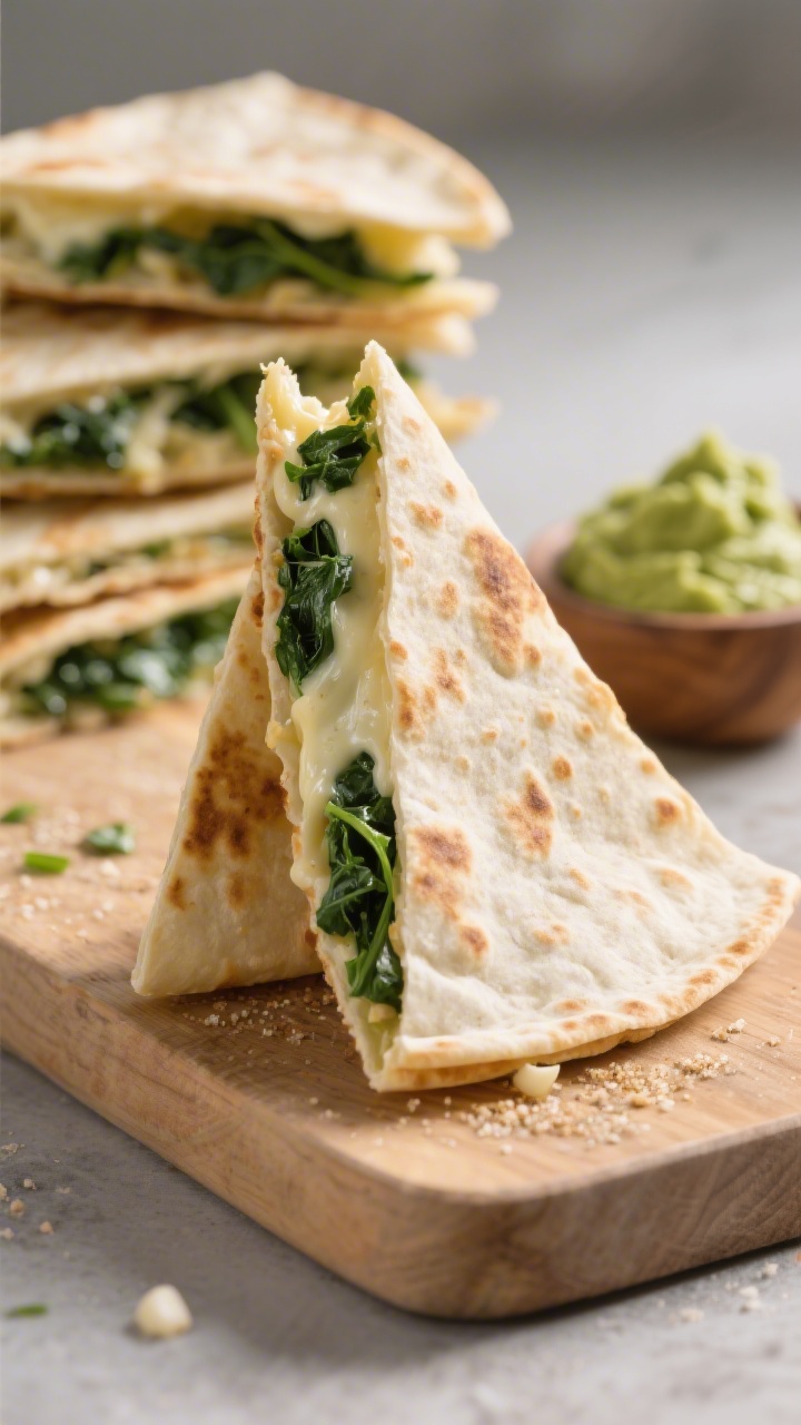 Close-up final dish detail: Macro close-up of a quesadilla wedge held upright on a board, showcasing