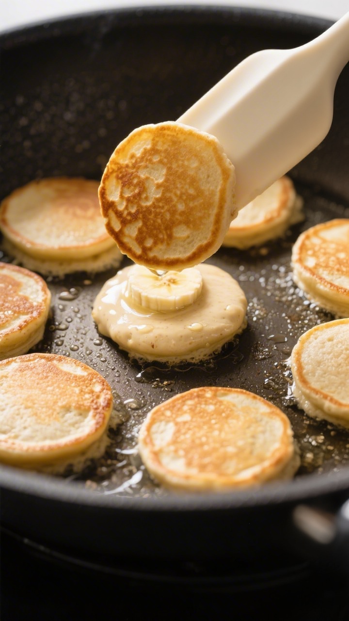Cooking process: Banana oat pancake batter circles sizzling on a nonstick skillet over medium-low he