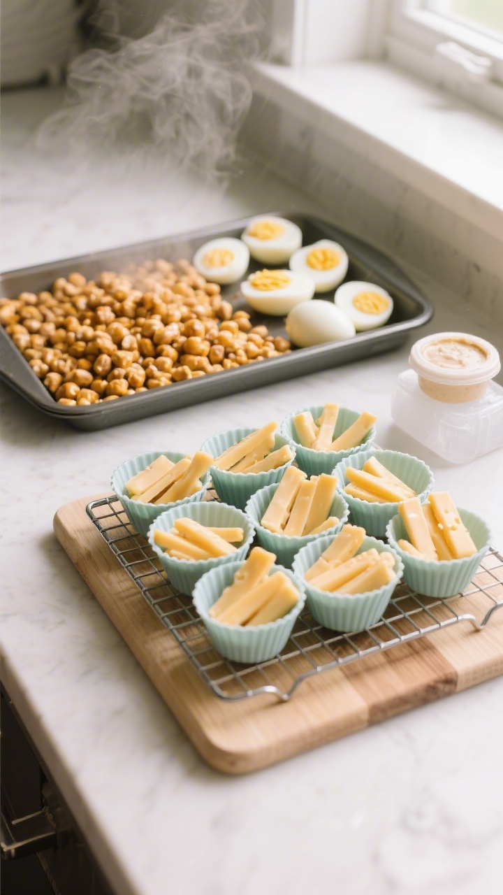 Cooking process — “Batch-prep proteins for kid snack boxes: steaming-hot tray of freshly roasted