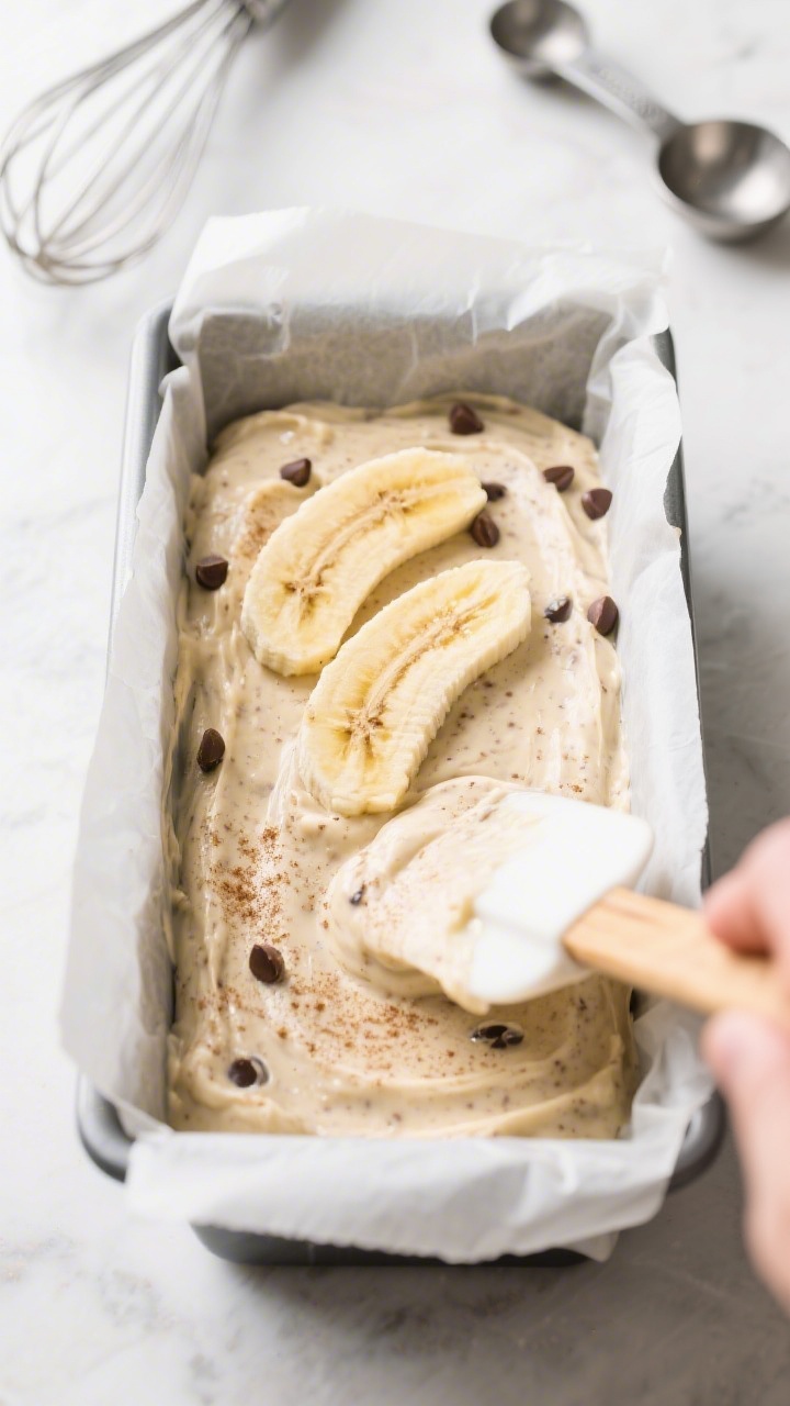 Cooking process: Batter being smoothed into a parchment-lined loaf pan with a spatula, showcasing th