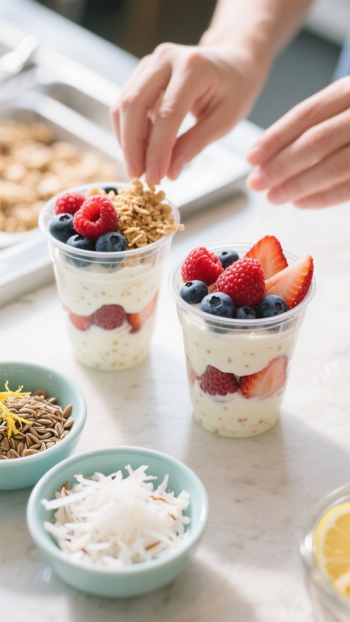 Cooking process: Build-your-own parfait station mid-assembly, overhead shot of two clear kids’ cup