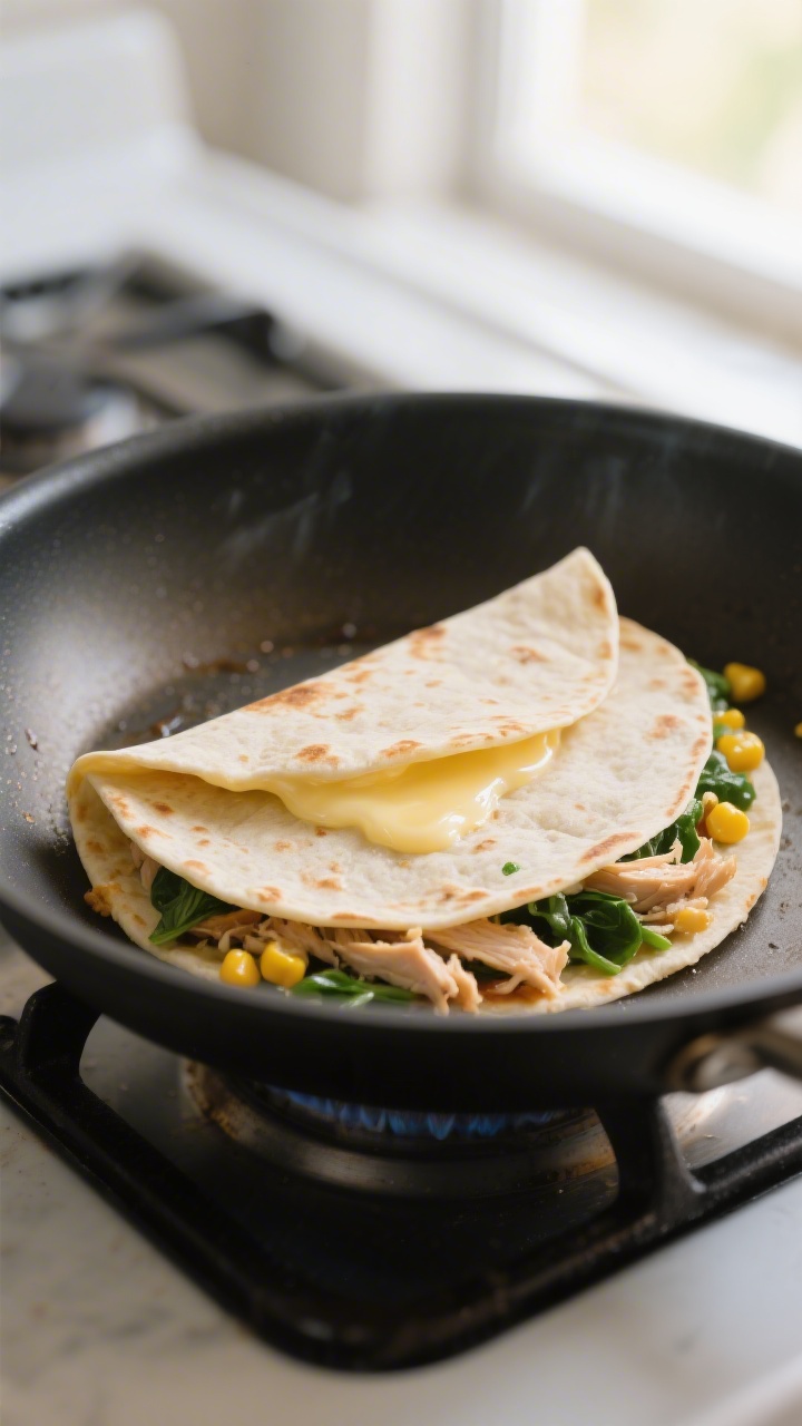 Cooking process close-up: A soft chicken quesadilla folded in half sizzling in a nonstick skillet ov