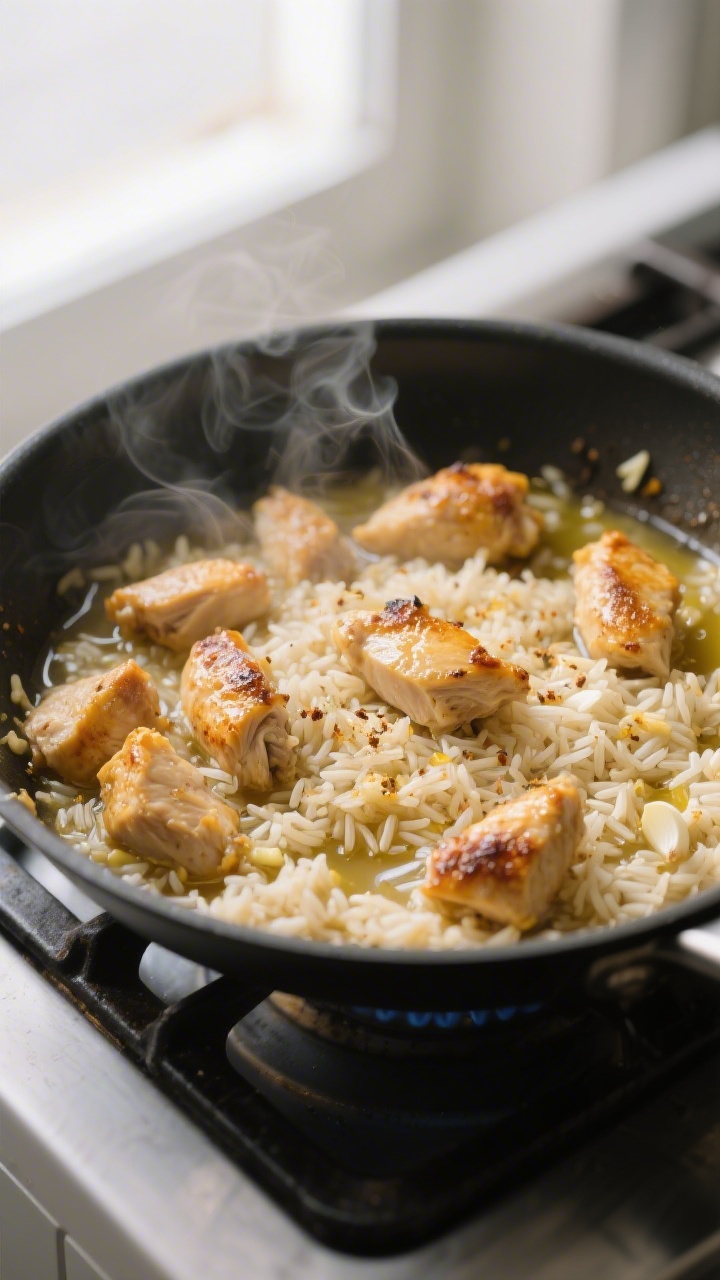Cooking process, close-up detail: Close-up of golden-browned bite-size chicken pieces and fluffy toa