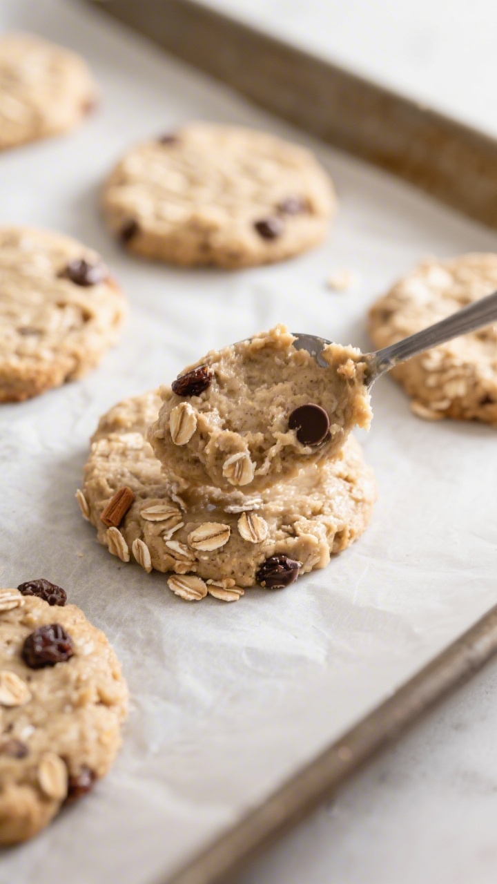 Cooking process, close-up detail: Heaping tablespoons of toddler oatmeal cookie batter being gently