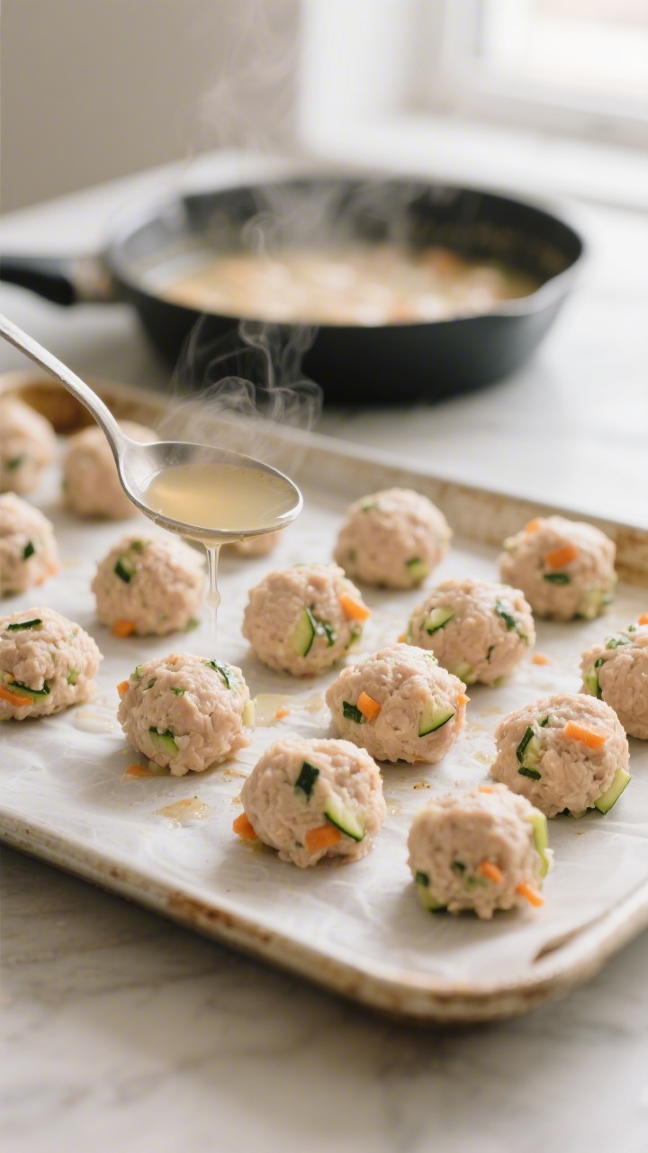 Cooking process close-up: Mini chicken meatballs just out of the oven, pale and tender, arranged wit